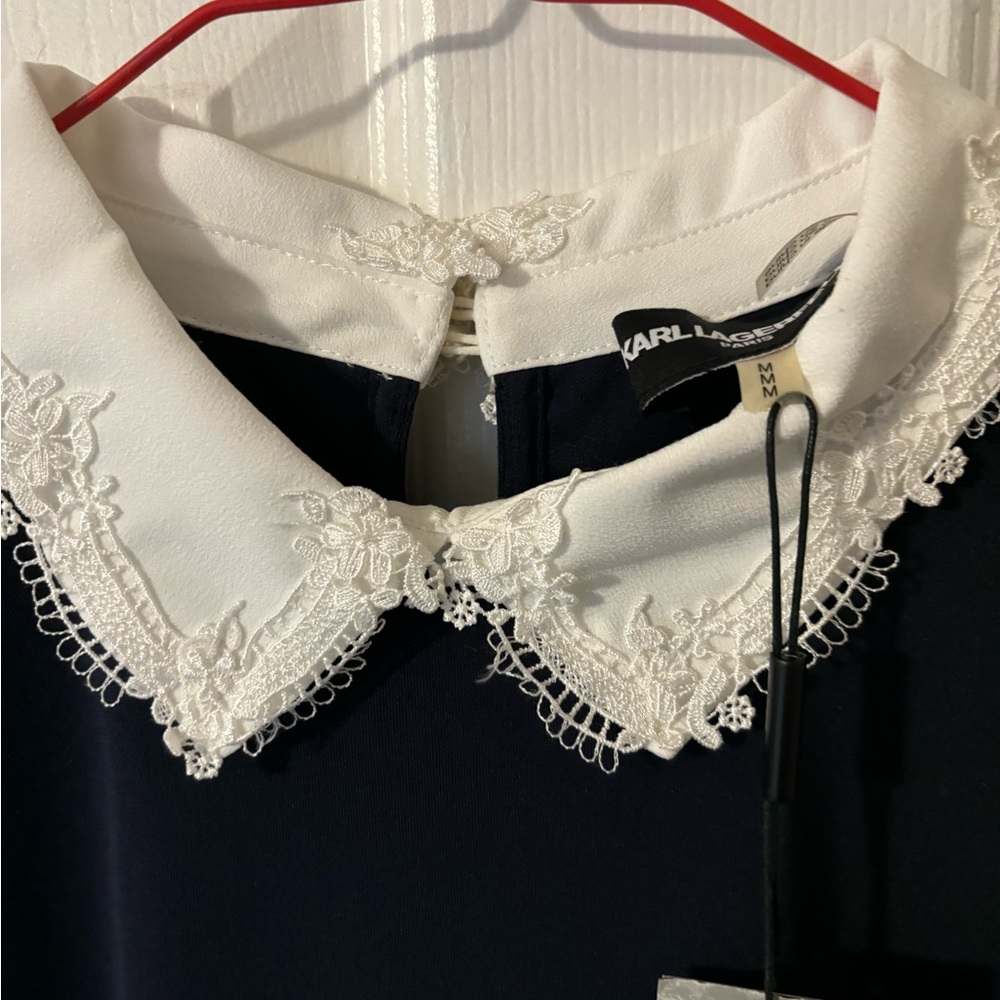 Karl Lagerfeld Navy Top with White Lace Collar Women’s Blouse New - Picture 2 of 6